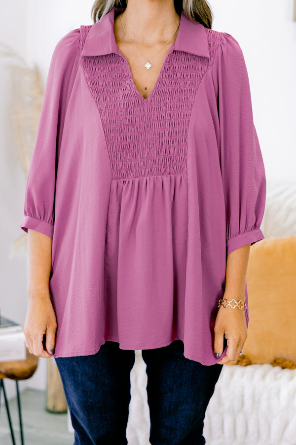 Chic Soul plus size clothing, purple 3/4 sleeve v-neck top with a collar 