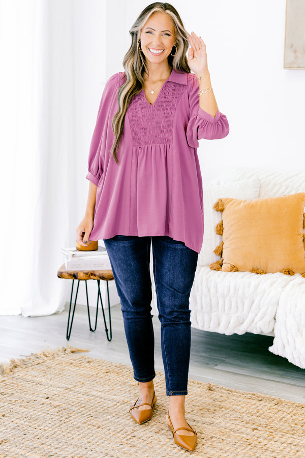Chic Soul plus size clothing, purple 3/4 sleeve v-neck top with a collar 