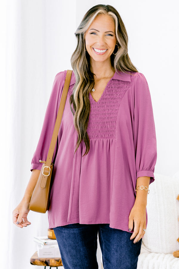 Chic Soul plus size clothing, purple 3/4 sleeve v-neck top with a collar 