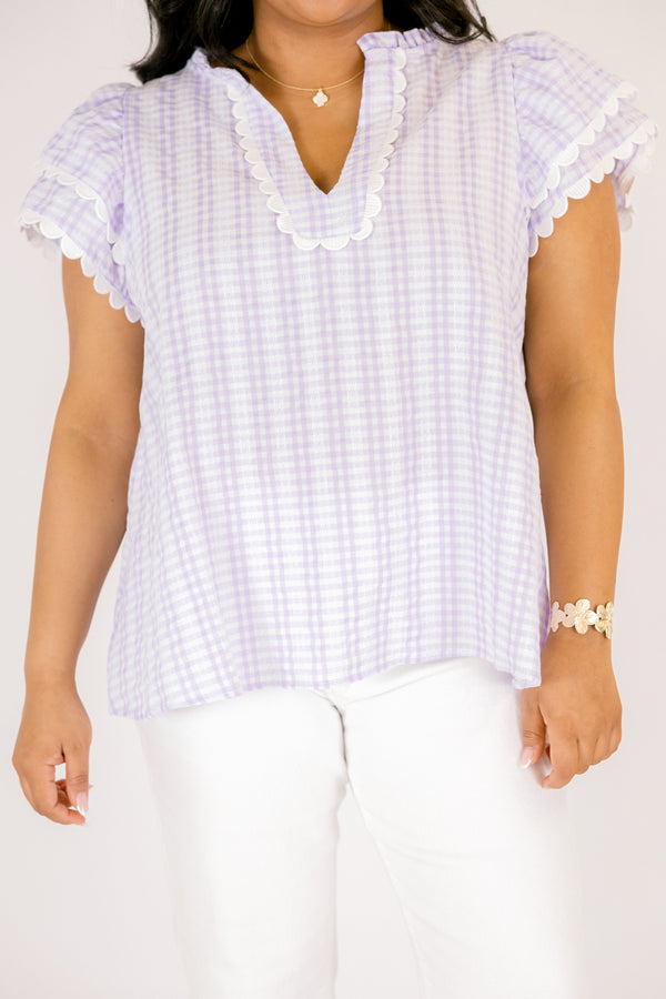 Chic Soul plus size clothing, lavender checkered short sleeve top with flutter sleeves and scalloped detailing