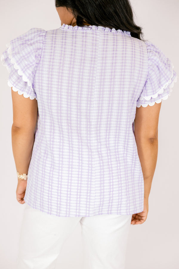 Chic Soul plus size clothing, lavender checkered short sleeve top with flutter sleeves and scalloped detailing