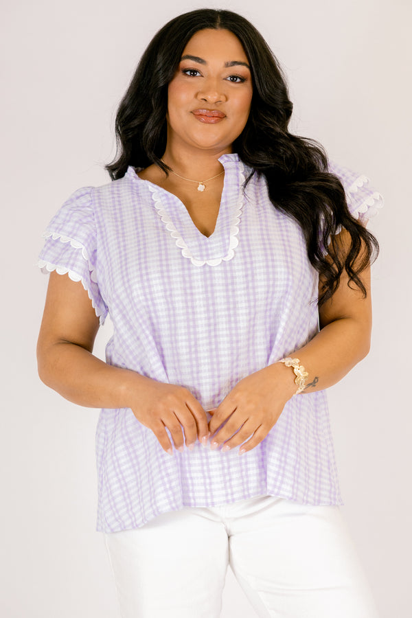 Chic Soul plus size clothing, lavender checkered short sleeve top with flutter sleeves and scalloped detailing