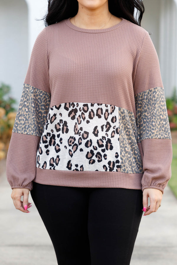 Chic Soul plus size clothing, brown and animal printed coloblock style waffle knit textured long sleeve top
