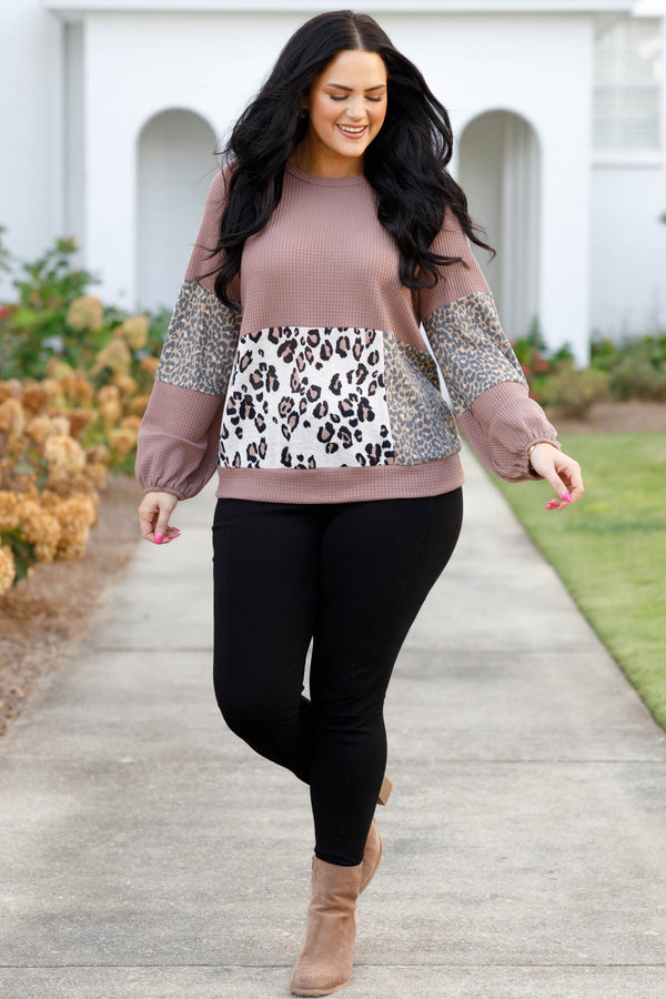 Chic Soul plus size clothing, brown and animal printed coloblock style waffle knit textured long sleeve top