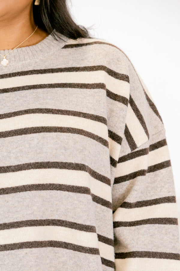 Chic Soul plus size clothing, gray long sleeve sweater with round neckline and striped design