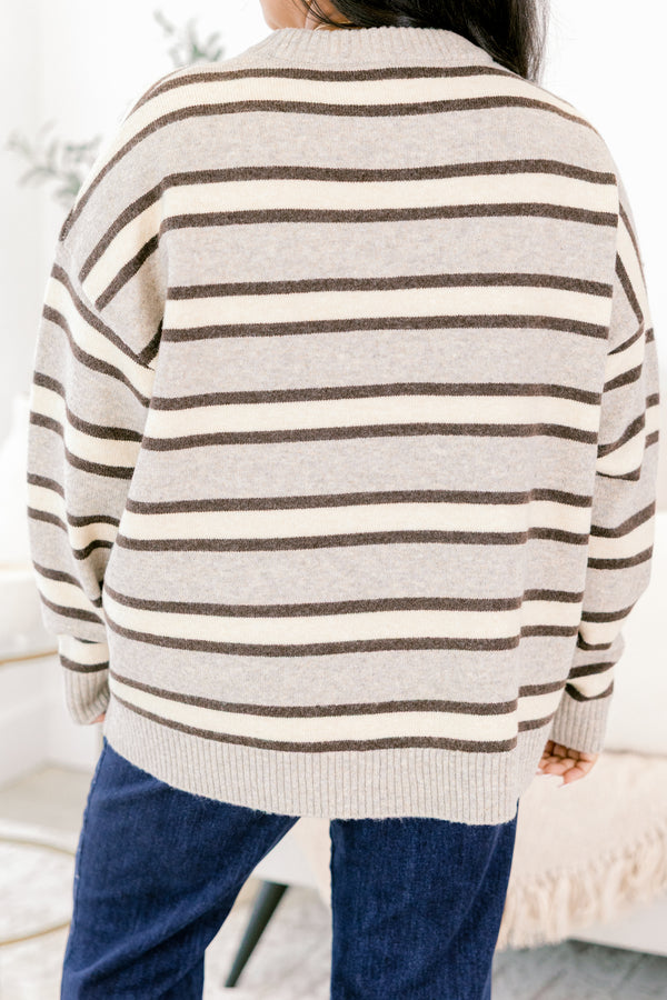 Chic Soul plus size clothing, gray long sleeve sweater with round neckline and striped design