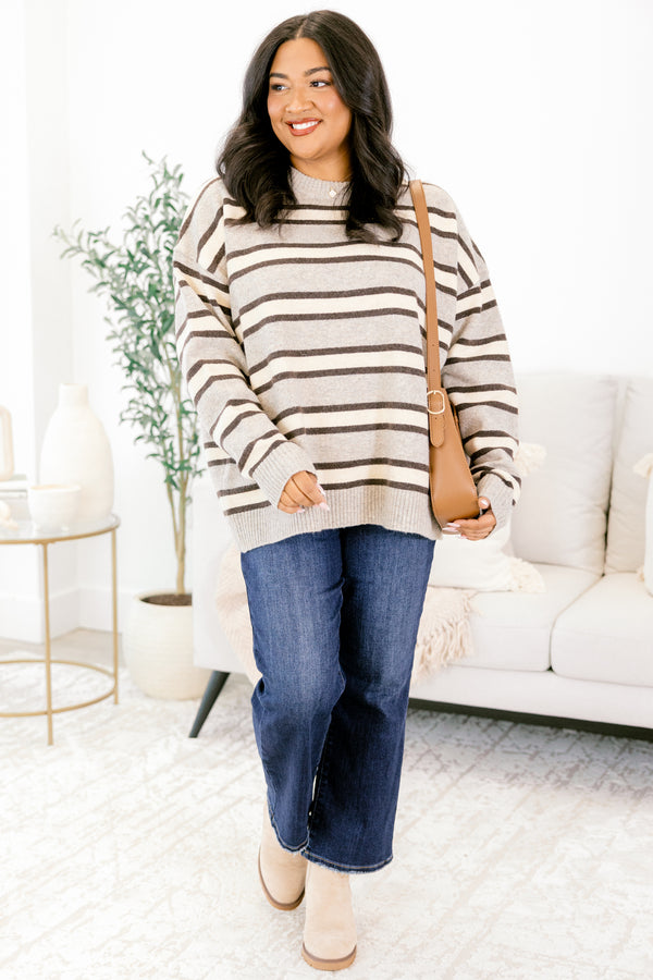 Chic Soul plus size clothing, gray long sleeve sweater with round neckline and striped design