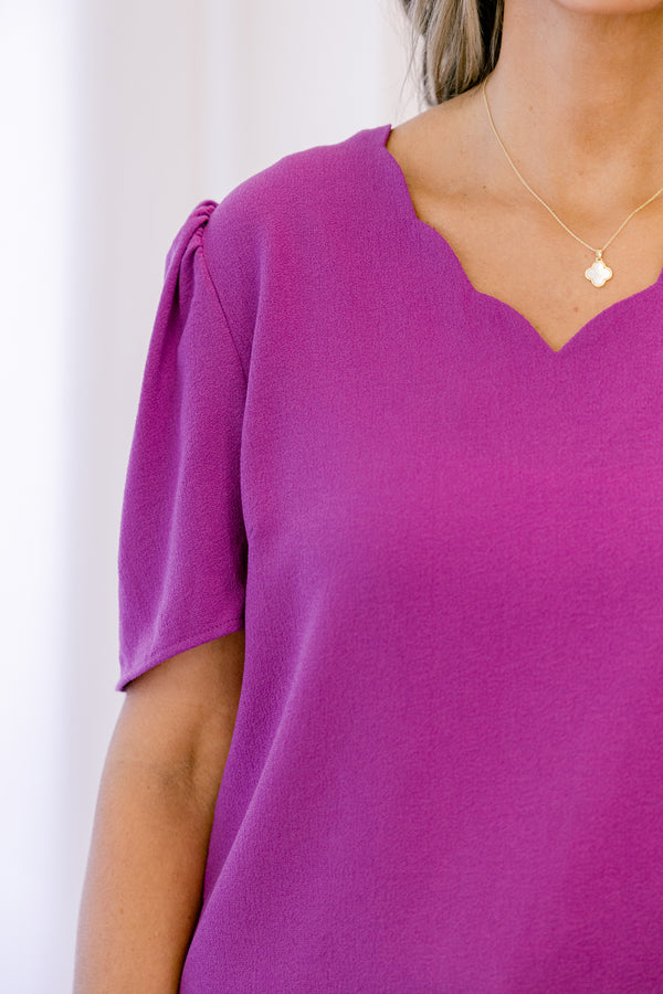 Chic Soul Plus size clothing, Magenta short sleeve top with scalloped v-neckline 