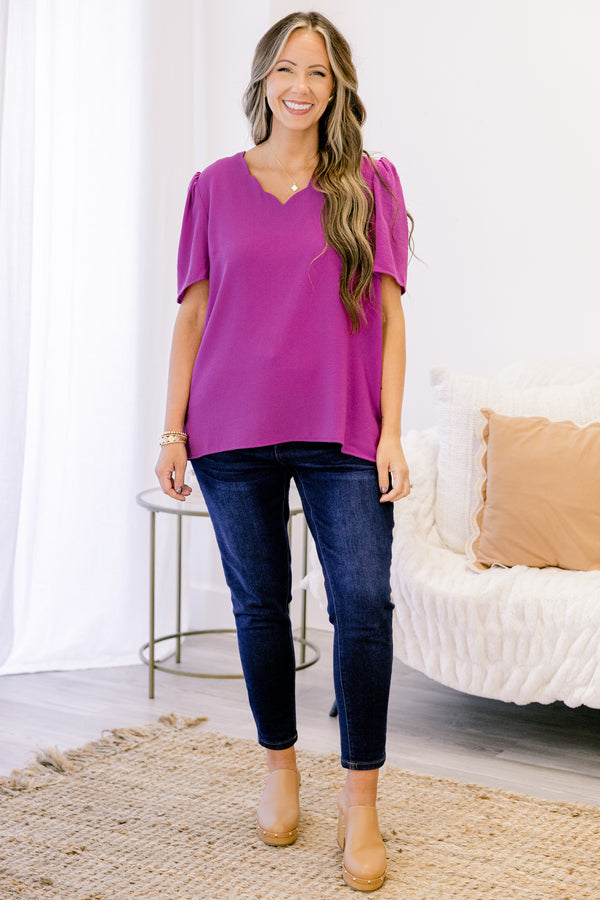 Chic Soul Plus size clothing, Magenta short sleeve top with scalloped v-neckline 