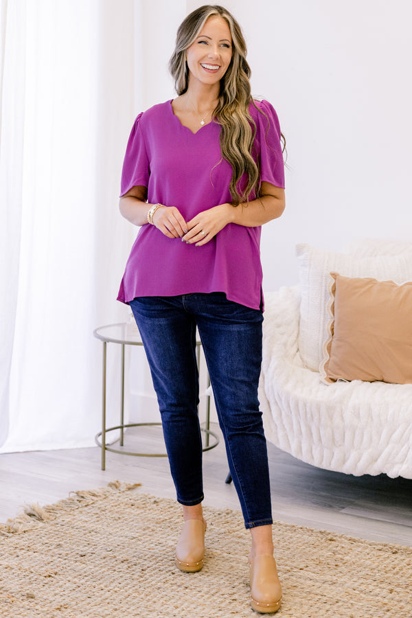 Chic Soul Plus size clothing, Magenta short sleeve top with scalloped v-neckline 