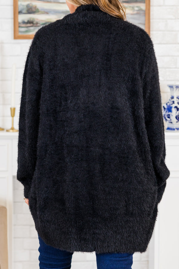 Chic Soul plus size clothing, long-sleeve thigh-length cozy furry black cardigan