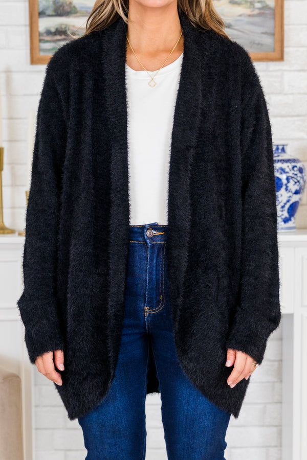 Chic Soul plus size clothing, long-sleeve thigh-length cozy furry black cardigan