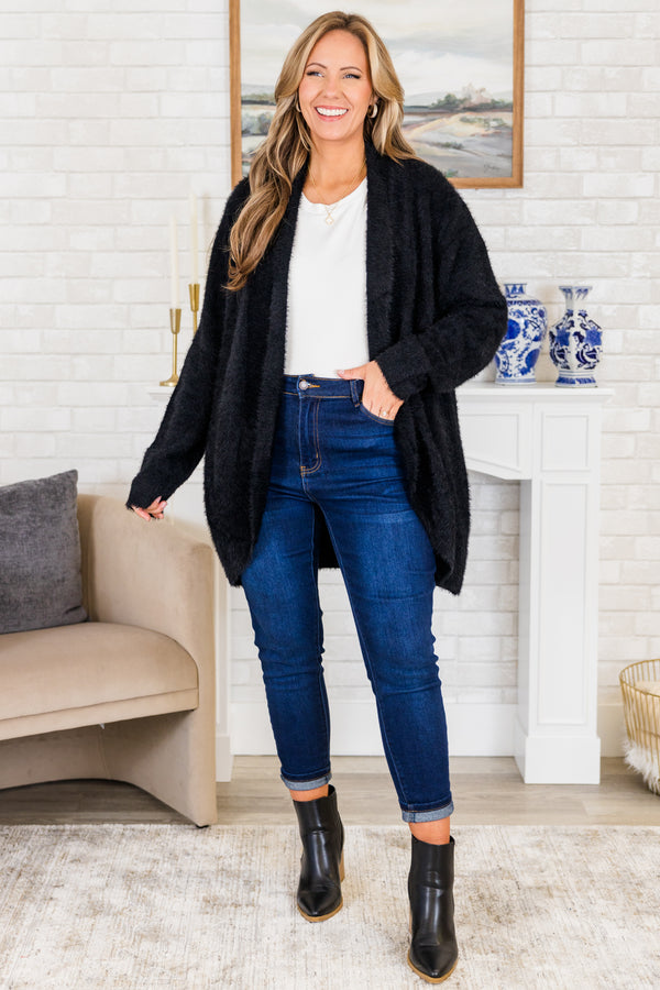 Chic Soul plus size clothing, long-sleeve thigh-length cozy furry black cardigan