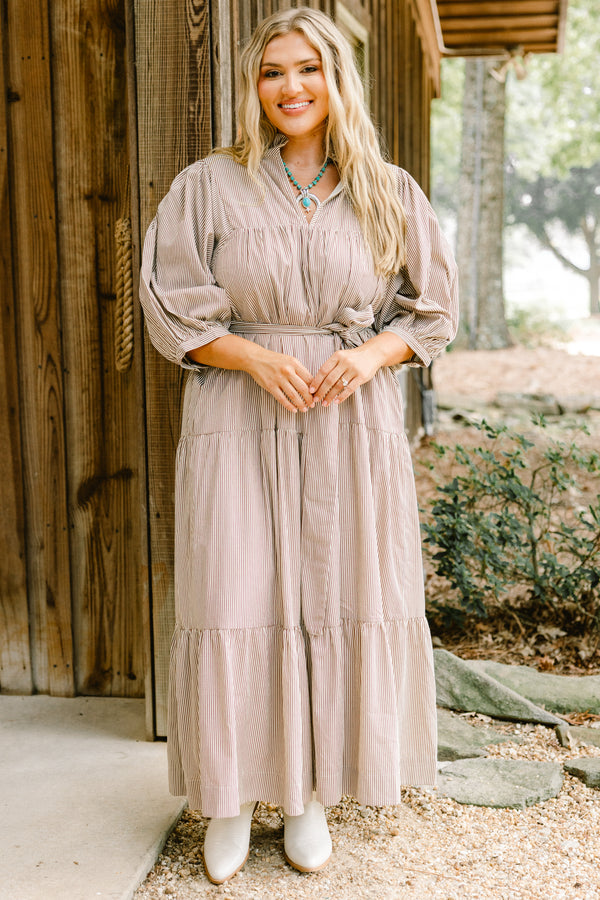 Chic Soul plus size clothing, brown and white vertical stripe long sleeve maxi dress with tie waist