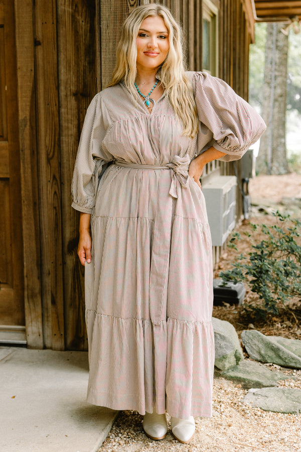 Chic Soul plus size clothing, brown and white vertical stripe long sleeve maxi dress with tie waist