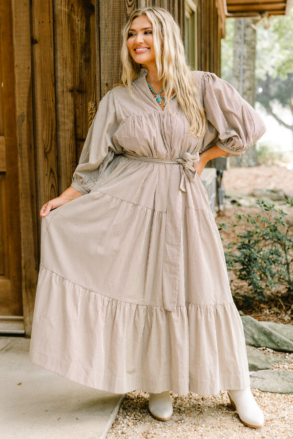 Chic Soul plus size clothing, brown and white vertical stripe long sleeve maxi dress with tie waist