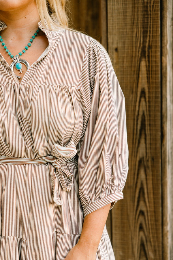 Chic Soul plus size clothing, brown and white vertical stripe long sleeve maxi dress with tie waist