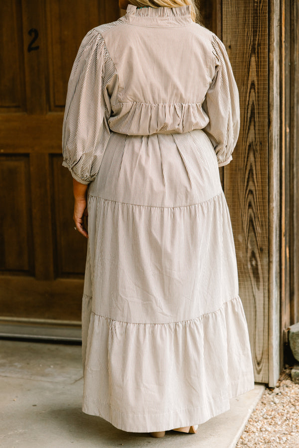Chic Soul plus size clothing, brown and white vertical stripe long sleeve maxi dress with tie waist