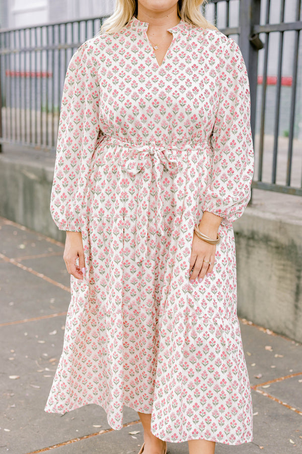 Chic Soul plus size clothing, cream long puff sleeve midi dress with pink and green small floral print and a mock collar and v neckline and a tie belt 