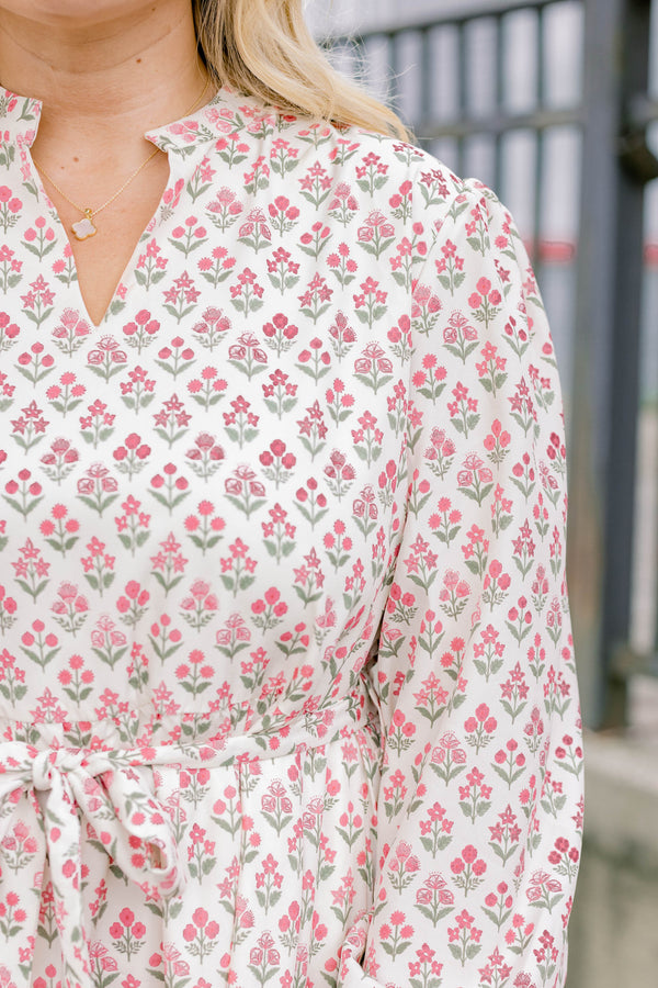 Chic Soul plus size clothing, cream long puff sleeve midi dress with pink and green small floral print and a mock collar and v neckline and a tie belt 