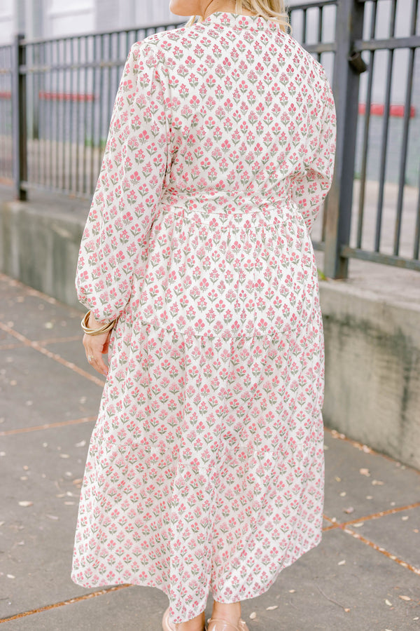 Chic Soul plus size clothing, cream long puff sleeve midi dress with pink and green small floral print and a mock collar and v neckline and a tie belt 