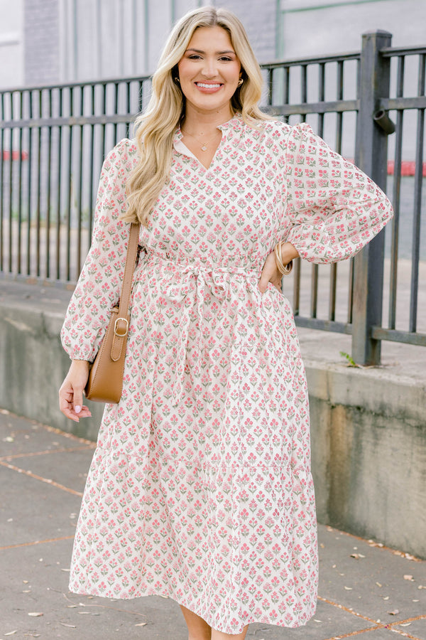 Chic Soul plus size clothing, cream long puff sleeve midi dress with pink and green small floral print and a mock collar and v neckline and a tie belt 