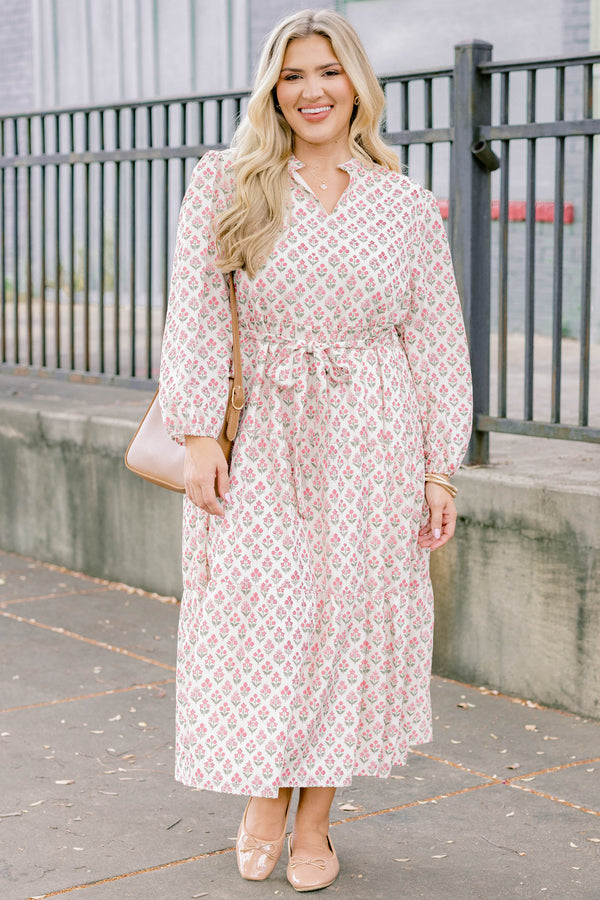 Chic Soul plus size clothing, cream long puff sleeve midi dress with pink and green small floral print and a mock collar and v neckline and a tie belt 