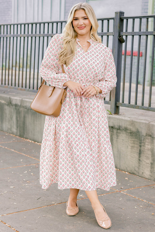 Chic Soul plus size clothing, cream long puff sleeve midi dress with pink and green small floral print and a mock collar and v neckline and a tie belt 