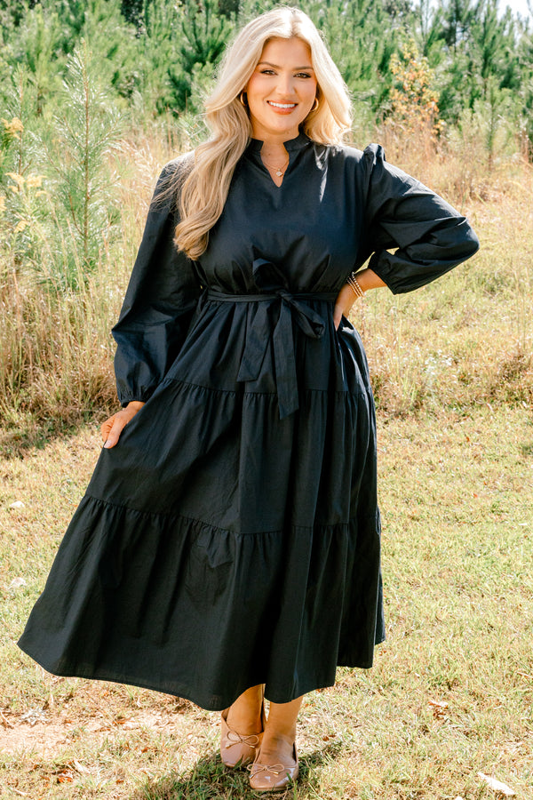 Chic Soul plus size clothing, navy long sleeve tiered maxi dress with v cutout on neck and tie belt
