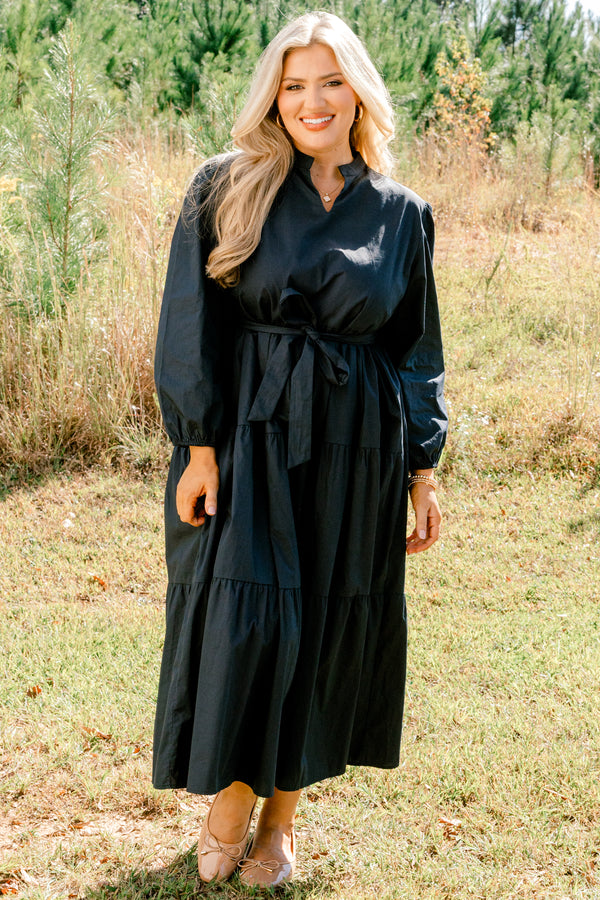 Chic Soul plus size clothing, navy long sleeve tiered maxi dress with v cutout on neck and tie belt