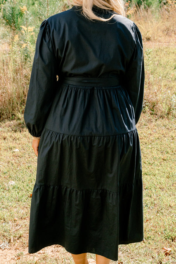 Chic Soul plus size clothing, navy long sleeve tiered maxi dress with v cutout on neck and tie belt