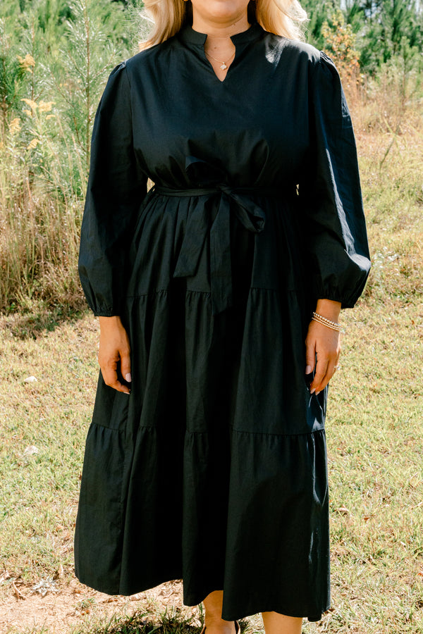 Chic Soul plus size clothing, navy long sleeve tiered maxi dress with v cutout on neck and tie belt