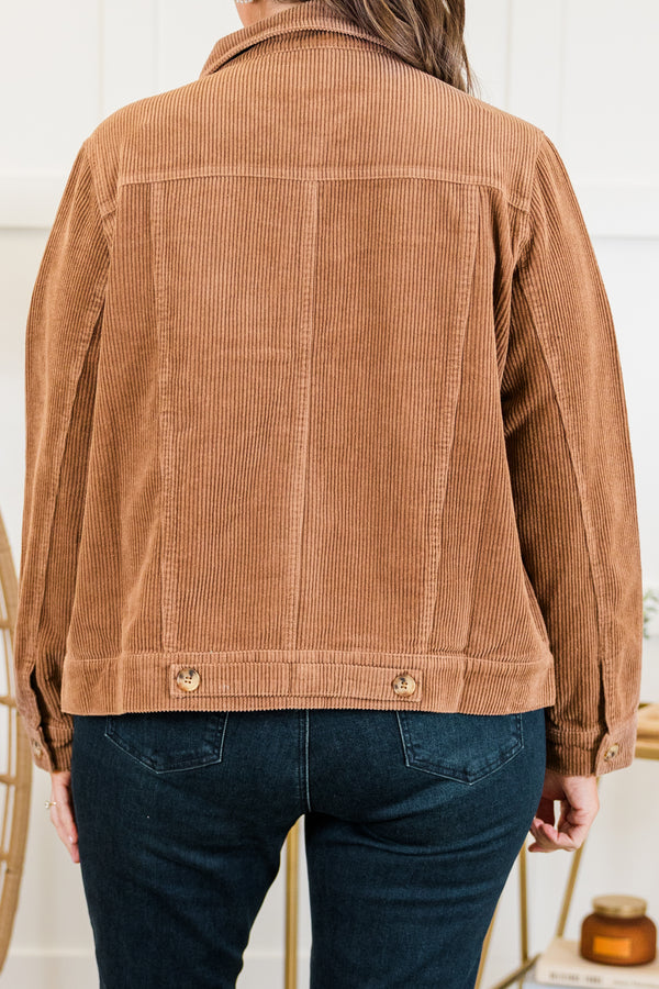 Chic Soul plus size clothing, cocoa long sleeve ribbed corduroy cropped jacket with button up detail and collar and chest pockets