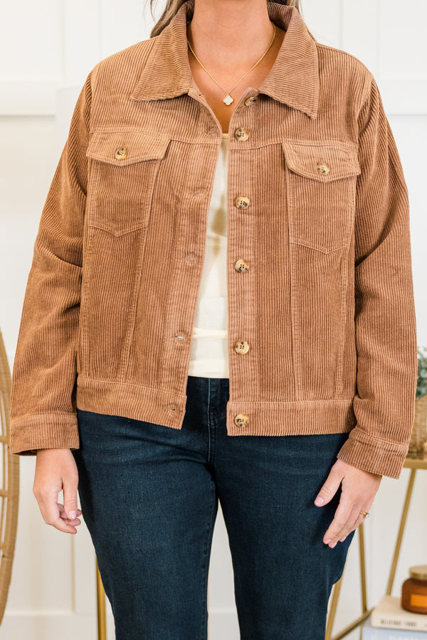 Chic Soul plus size clothing, cocoa long sleeve ribbed corduroy cropped jacket with button up detail and collar and chest pockets