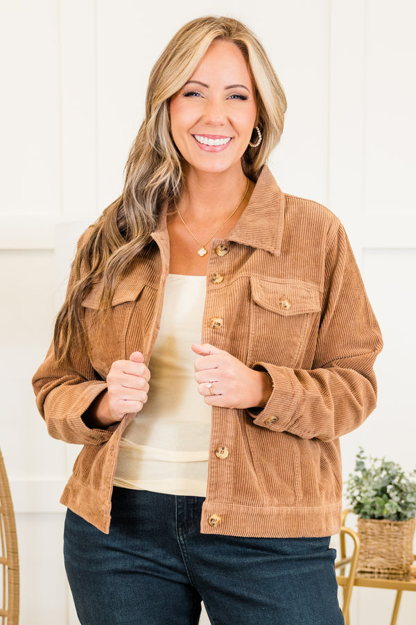 Chic Soul plus size clothing, cocoa long sleeve ribbed corduroy cropped jacket with button up detail and collar and chest pockets