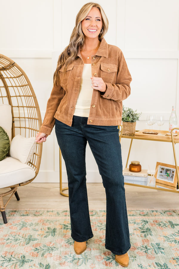 Chic Soul plus size clothing, cocoa long sleeve ribbed corduroy cropped jacket with button up detail and collar and chest pockets