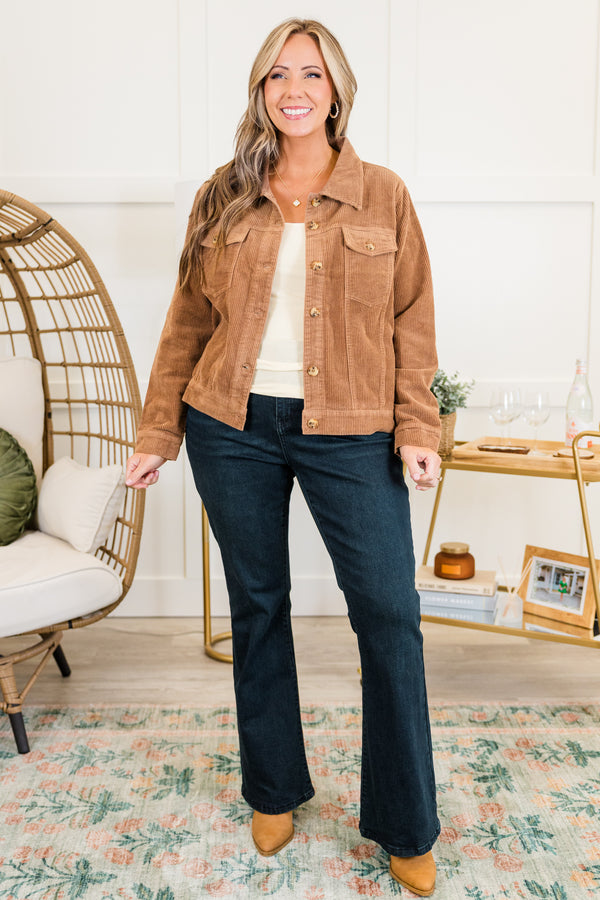 Chic Soul plus size clothing, cocoa long sleeve ribbed corduroy cropped jacket with button up detail and collar and chest pockets