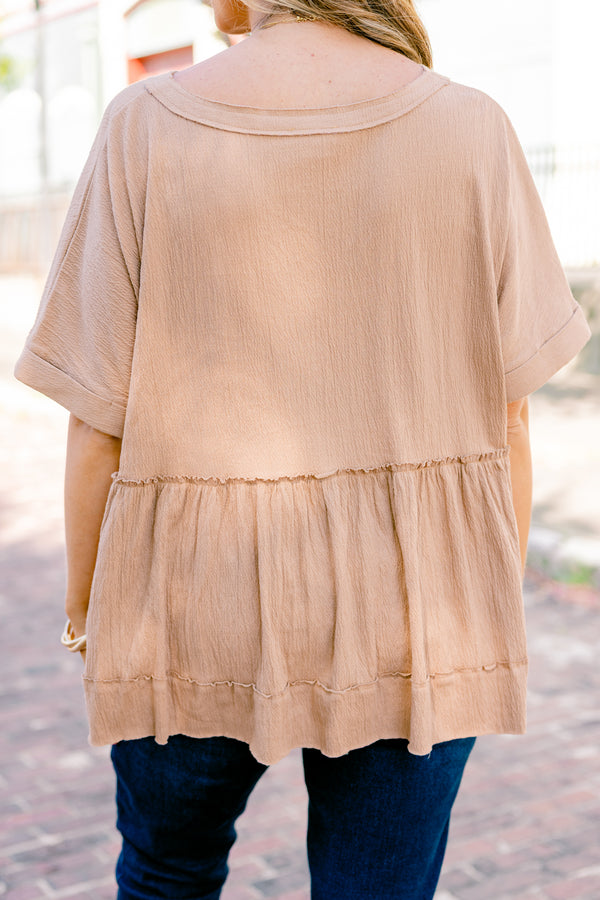 Chic Soul plus size clothing, brown short sleeve babydoll top with five buttons down the front