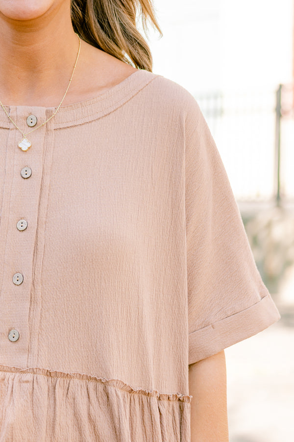 Chic Soul plus size clothing, brown short sleeve babydoll top with five buttons down the front