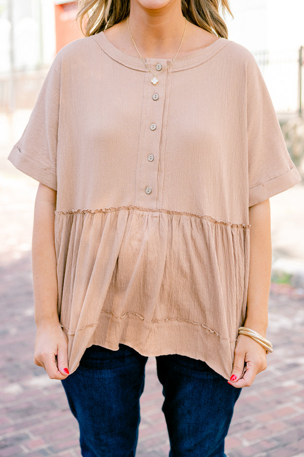 Chic Soul plus size clothing, brown short sleeve babydoll top with five buttons down the front