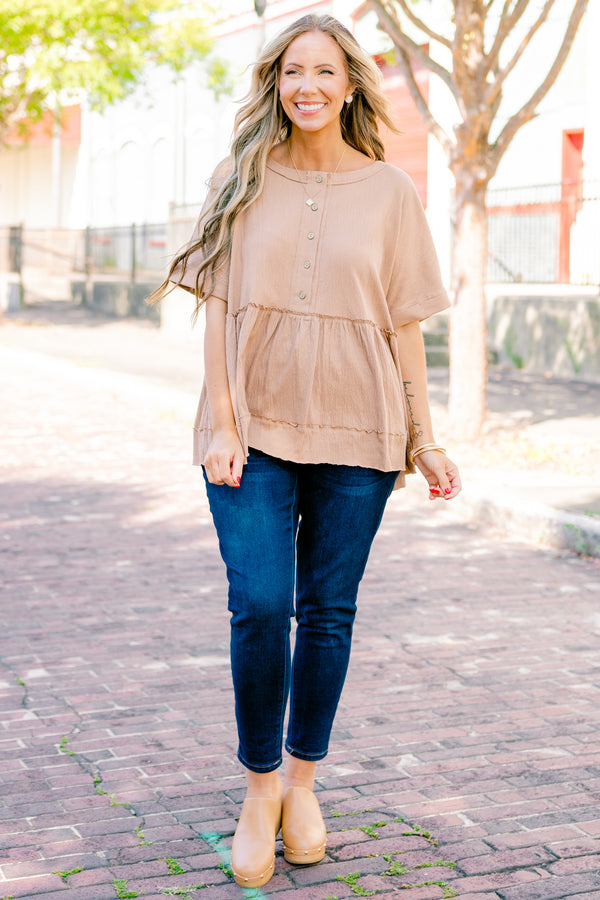 Chic Soul plus size clothing, brown short sleeve babydoll top with five buttons down the front