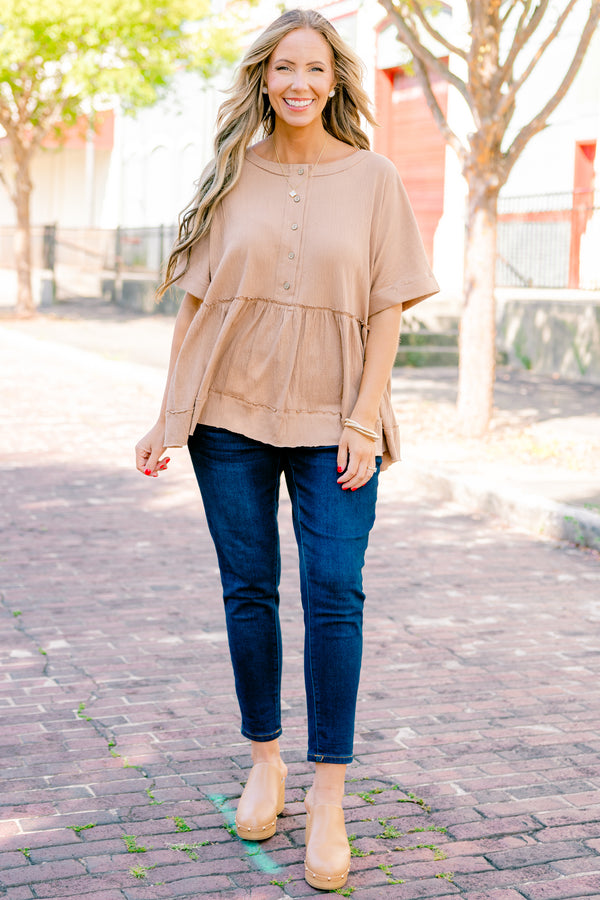 Chic Soul plus size clothing, brown short sleeve babydoll top with five buttons down the front