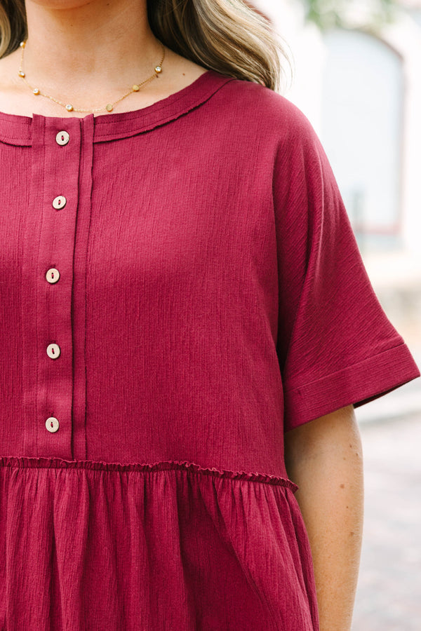 Plus Size burgundy babydoll top with functional front buttons and tacked cuff sleeves.