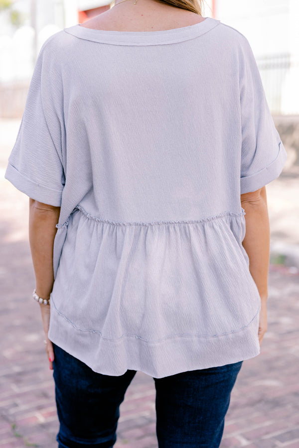 Chic Soul plus size clothing, dusty blue, short-sleeve, babydolll top with buttons going half way down the front.