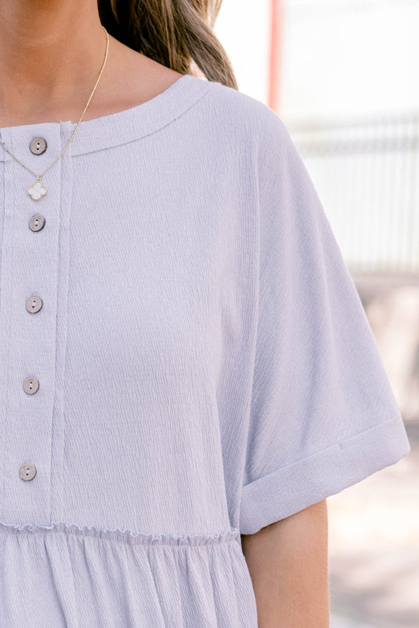 Chic Soul plus size clothing, dusty blue, short-sleeve, babydolll top with buttons going half way down the front.