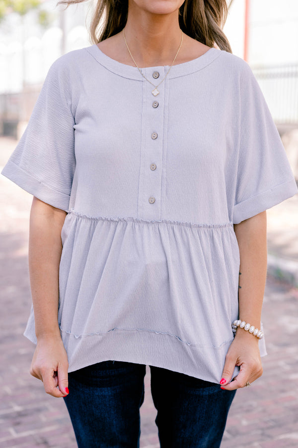 Chic Soul plus size clothing, dusty blue, short-sleeve, babydolll top with buttons going half way down the front.