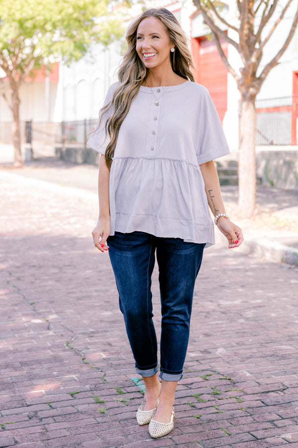 Chic Soul plus size clothing, dusty blue, short-sleeve, babydolll top with buttons going half way down the front.