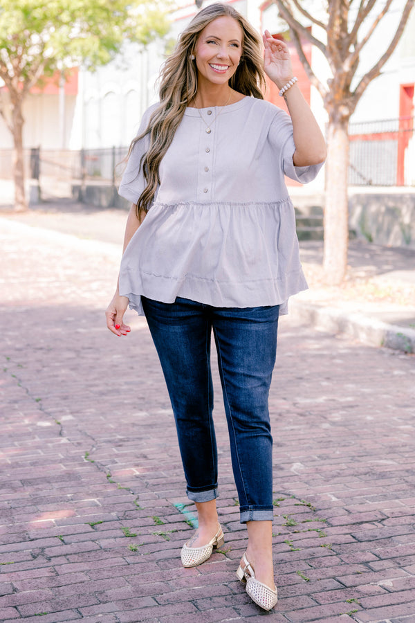 Chic Soul plus size clothing, dusty blue, short-sleeve, babydolll top with buttons going half way down the front.