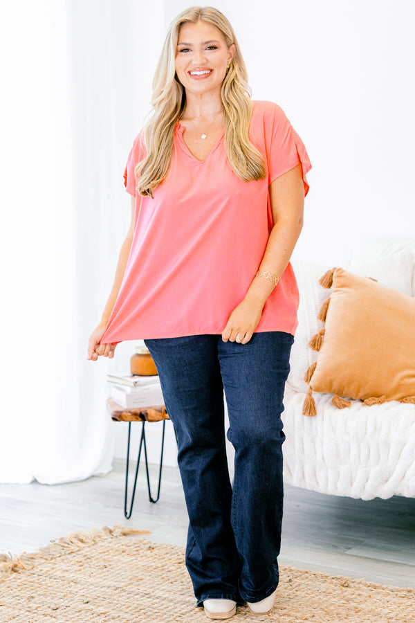 Chic Soul plus size clothing, pink short sleeve plain top with v neckline