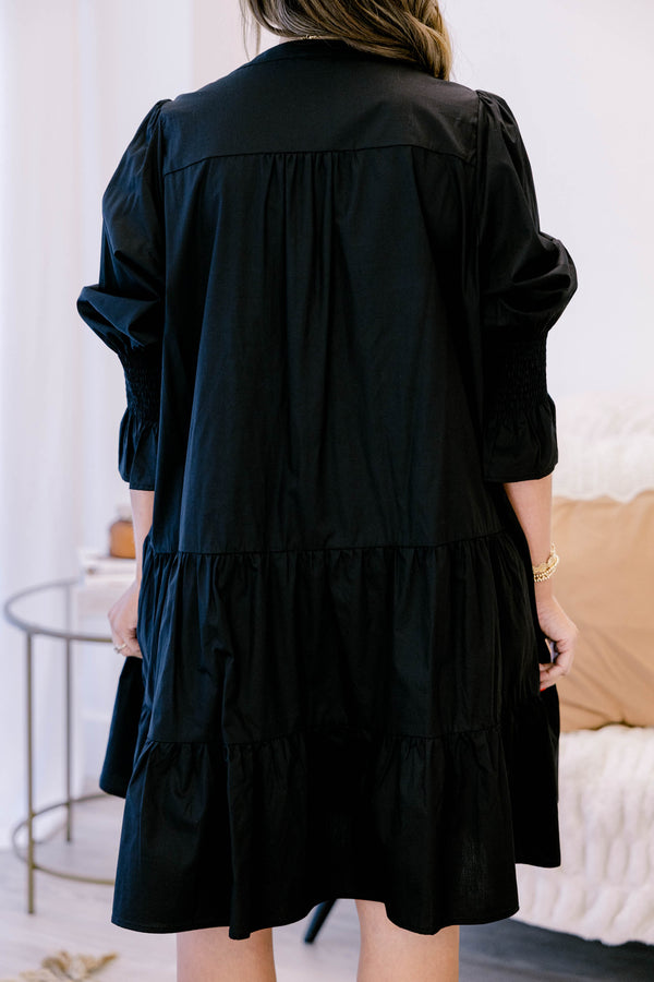 Chic Soul plus size clothing, black long sleeve short tiered dress with subtle v neckline